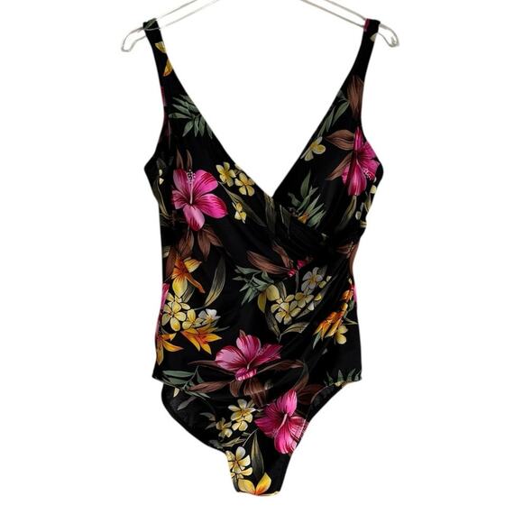 Vintage Miraclesuit Black Hawaiian Floral One Piece Swimsuit Size 18 Hibiscus - Picture 8 of 8